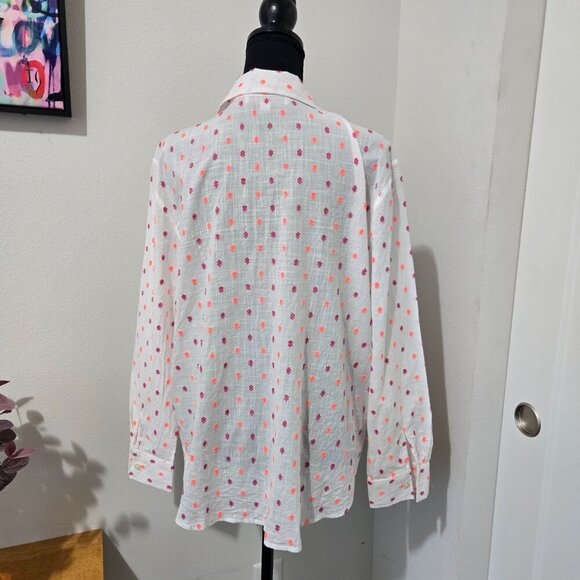 Ann Taylor Loft Polka Dot Tie Front White w Violet Coral - Sz L - Picture 5 of 12